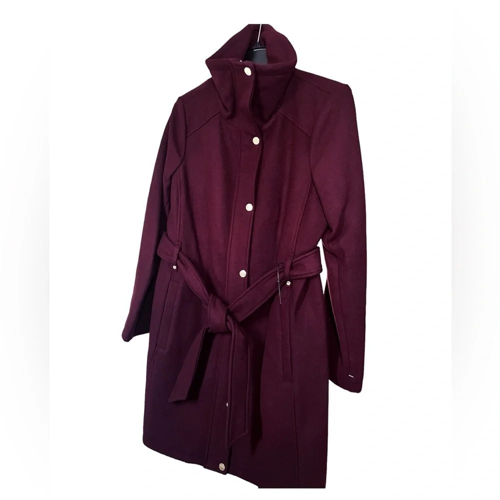 Michael Kors Womens Red Wine Full Zip Snap Belted Wool Blend Pea Coat Sz M New